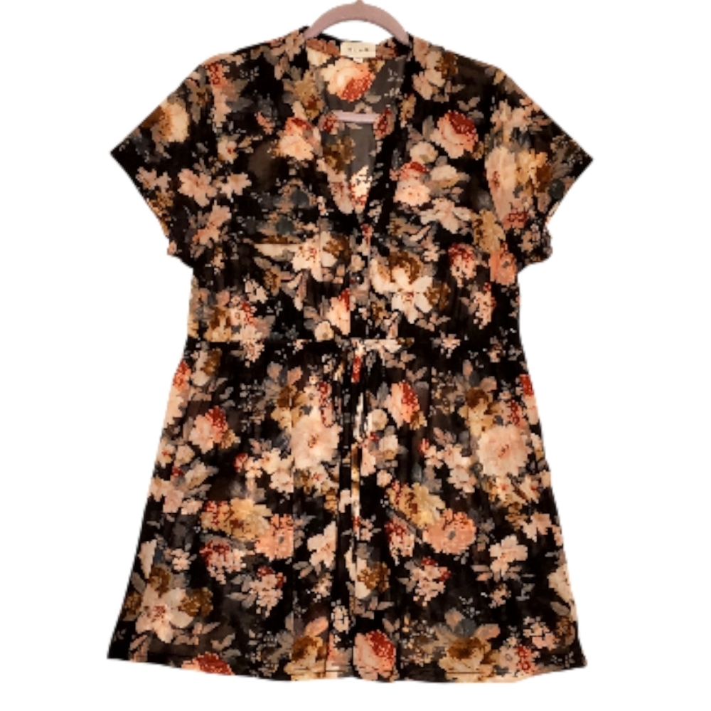 Ivy Rose Black Sheer Button Elastic Tie Waist Floral‎ Top Blouse Plus Size 1X